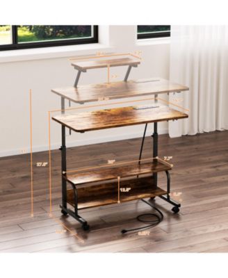 Small Standing Desk with Power Outlets and LED Light, Mobile Lift Top Desk with Monitor Stand