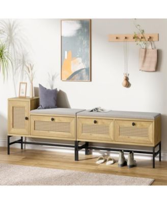 Shoe Storage Bench with Drawer and Cabinet, Rattan