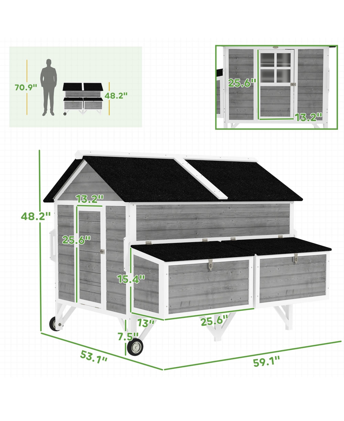 PawHut 59" Chicken Coop, Chicken Tractor with Wheels, Nesting Boxes,