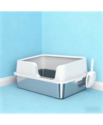 Light Gray Stainless Steel Litter Box for Large Cats: High Sides & Scoop, Elevate Your Space with Sleek