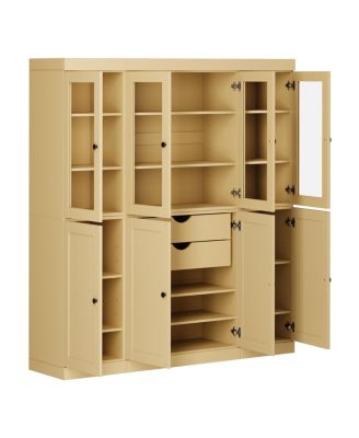 100% Solid Wood Pantry Cabinet, Shaker Doors, 2 Drawers, Adjustable Shelves, 65" Wide, 71.5" Tall