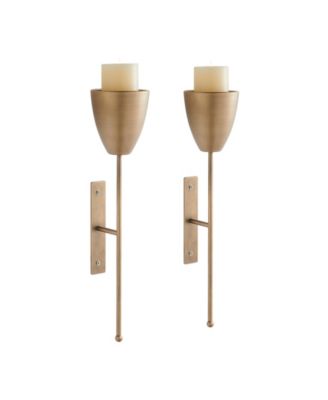 Antique Brass Mid-Century Modern Metal Wall Mount Vertical Pillar Candle Sconces Set of 2