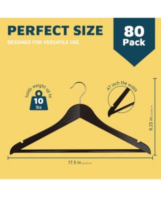 80-pack brown wooden hangers with 360° swivel hook, non-slip notches, and pants bar. Supports up to 10 lbs—ideal for suits, dresses & coats