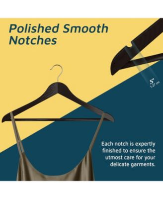 20-pack brown wooden hangers with 360°, non-slip notches, and pants bar. Supports up to 10 lbs—perfect for suits, dresses, coats & more.