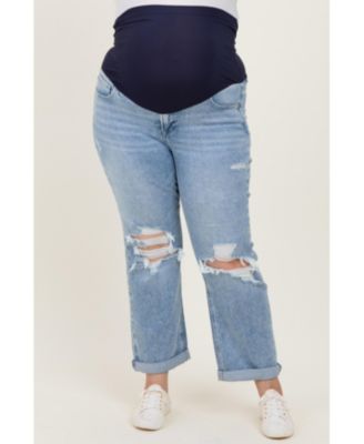 Plus Size Light Blue Ripped Knee Rolled Cuff Straight Leg Jeans
