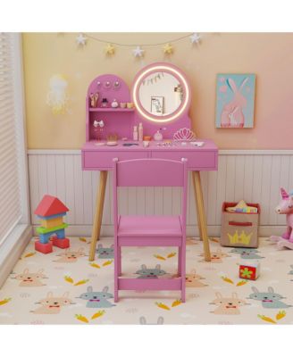 Kids Vanity Set with Lighted Mirror Princess Makeup Dressing Desk & Chair