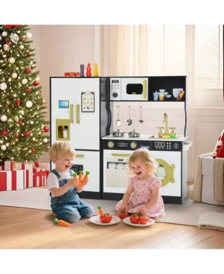 Pretend Play Kitchen Wooden Toy Set for Kids with Sounds, Utensils, Oven & Microwave, Gift for Age 3+