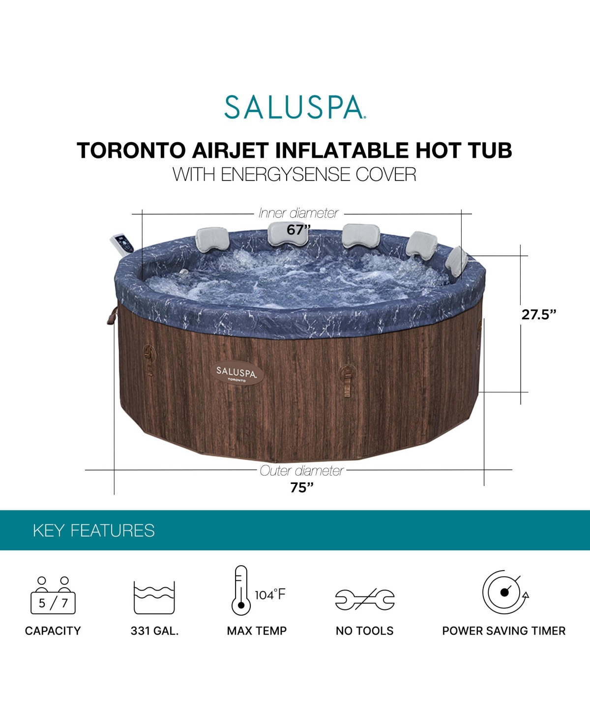 Bestway SaluSpa Toronto 5-7 Person Energy-Efficient AirJet Hot Tub, App, Brown