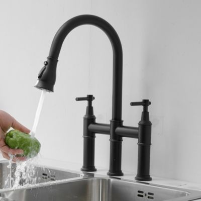 Boyelliving 3 Hole Kitchen Faucet with Pull Down Sprayer, Double Handle Kitchen Sink Faucet Brass Vintage Kitchen Faucets