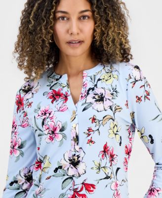 Petite Floral-Print Henley Top