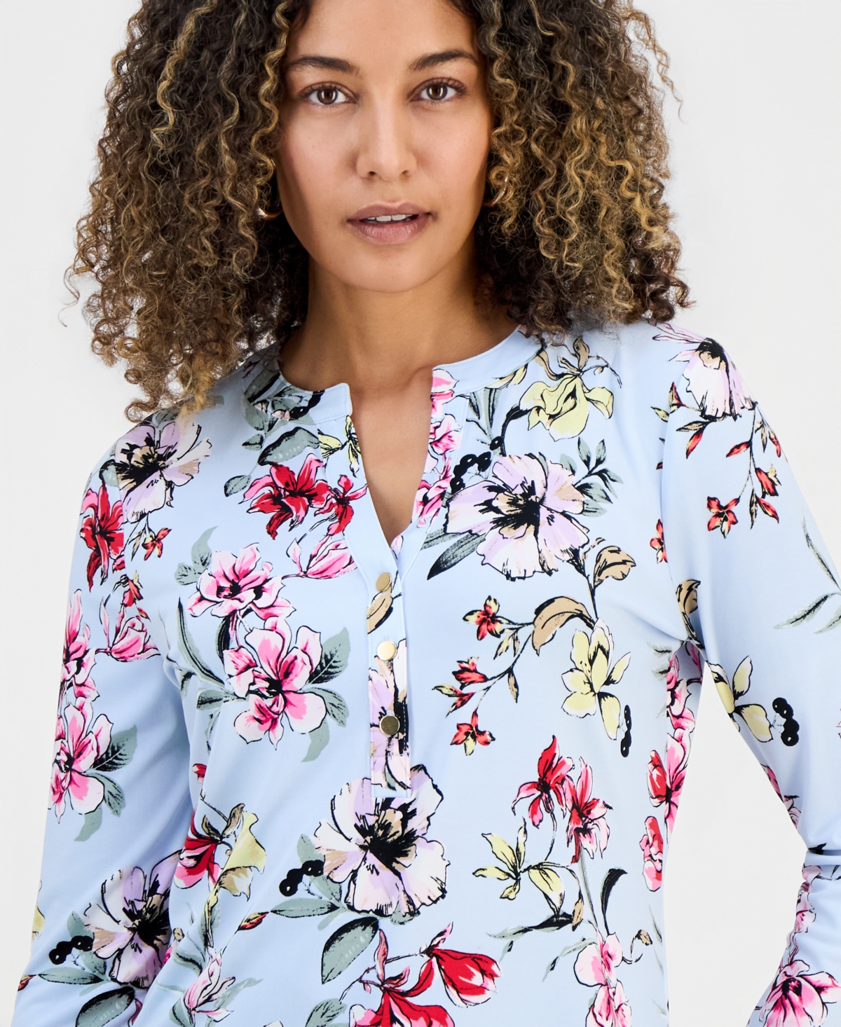 I.n.c. International Concepts Petite Floral-Print Henley Top, Macy's Exclusive