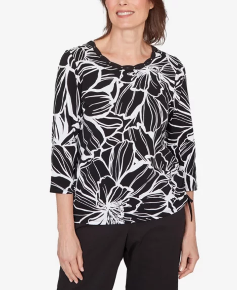 Petite Classic Floral Linework Side Tie Ruched Top - Muneutr