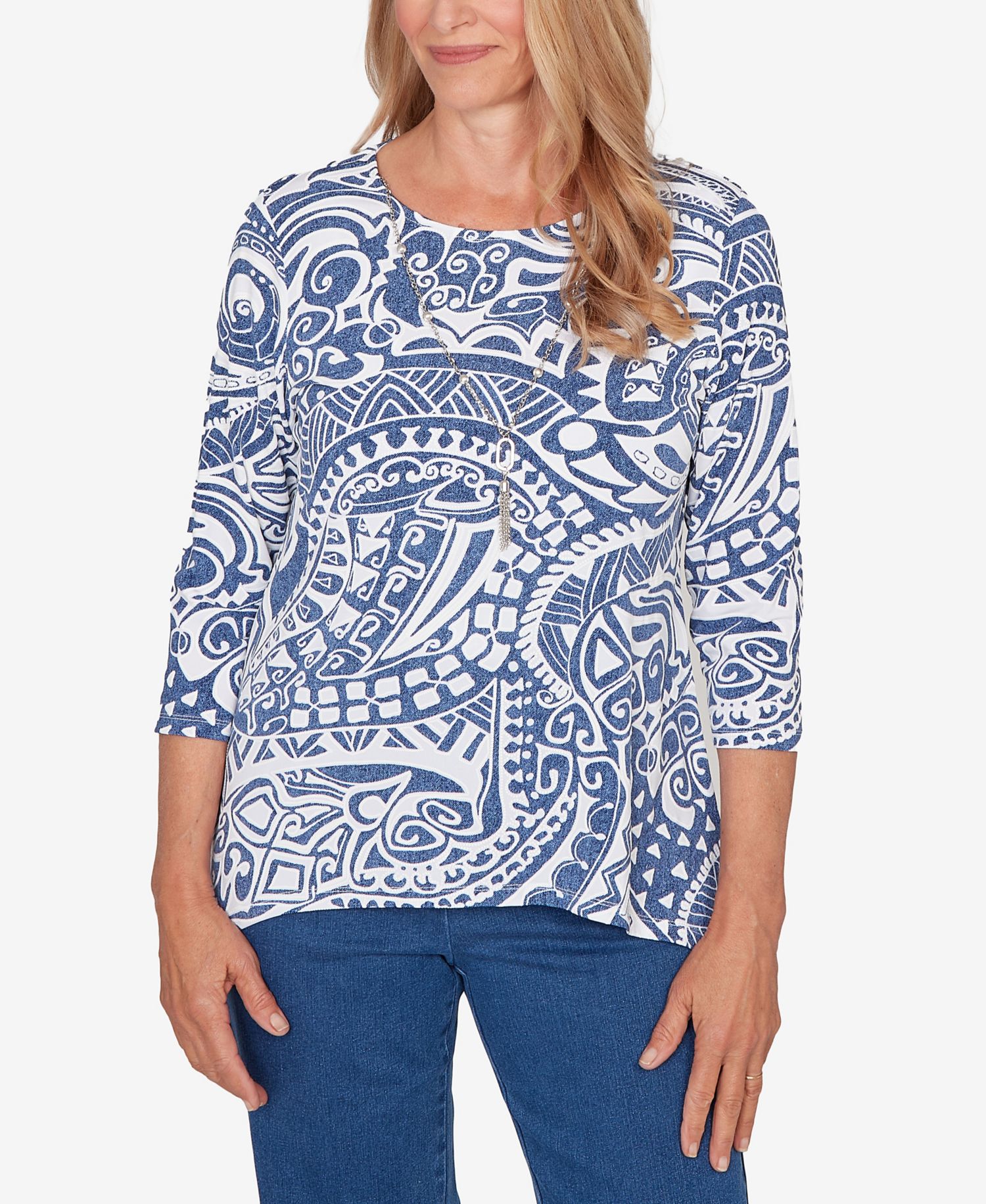 Petite Classic Paisley Swirl Sharkbite Hem Top with Necklace