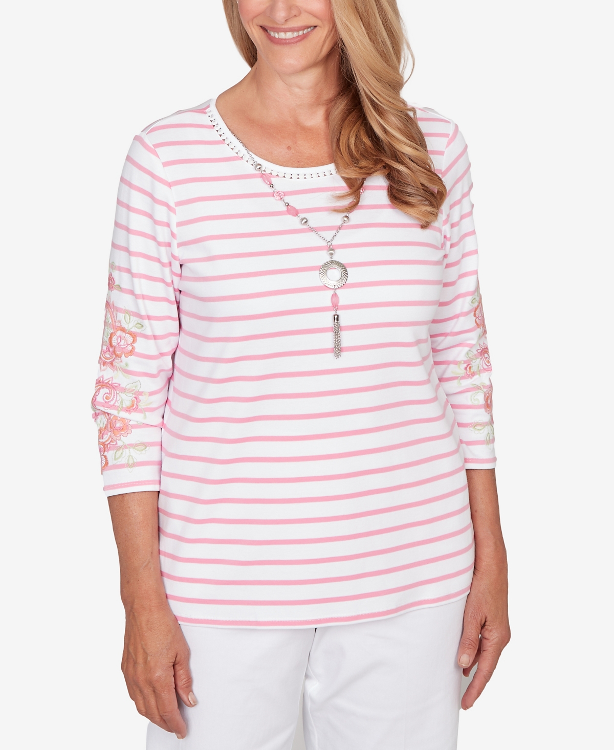 Alfred Dunner Petite Classic Stripe Embroidered Sleeve Top With Necklace In Pink