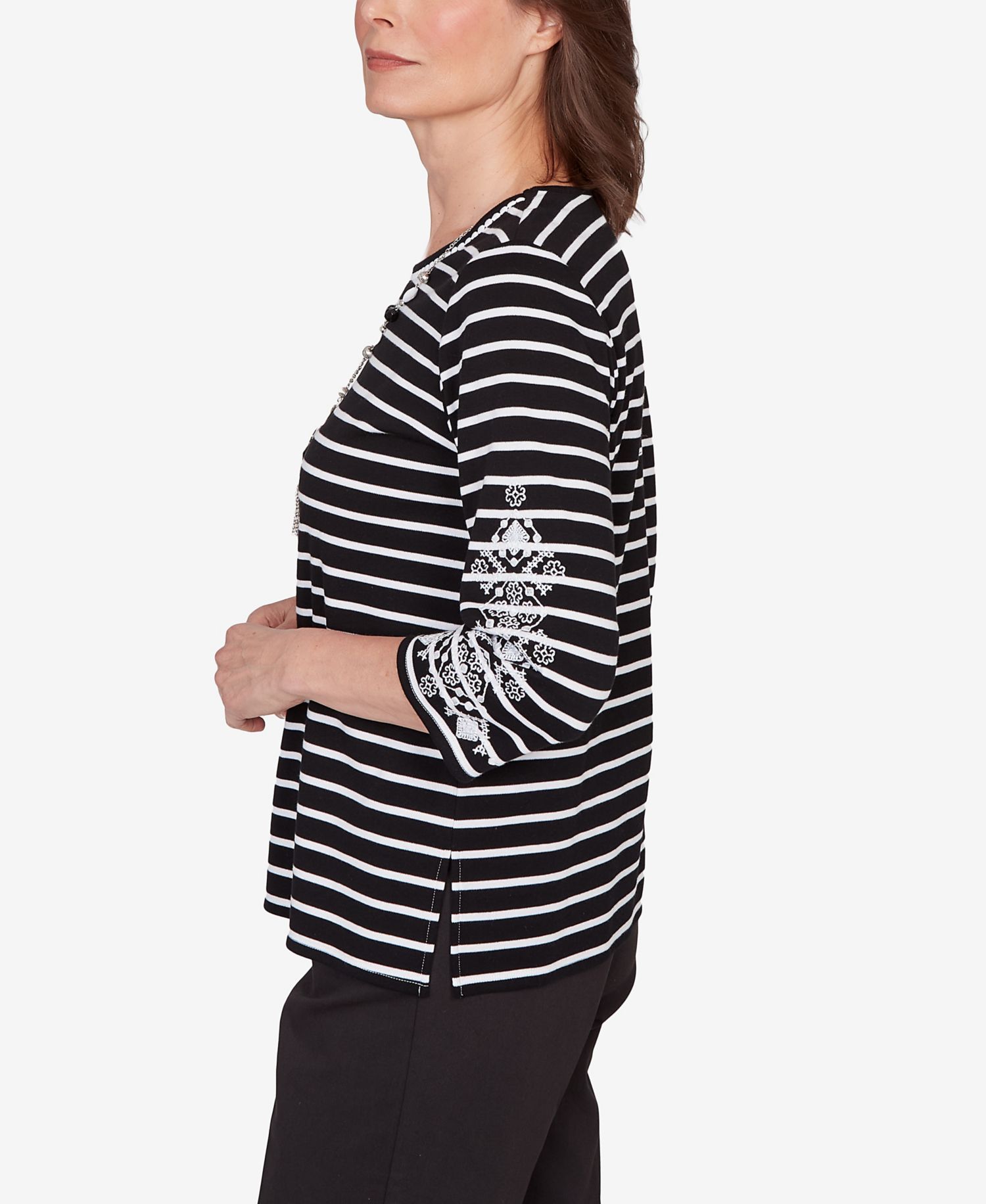 Petite Classic Pinstripe Embroidered Sleeve Top with Necklace