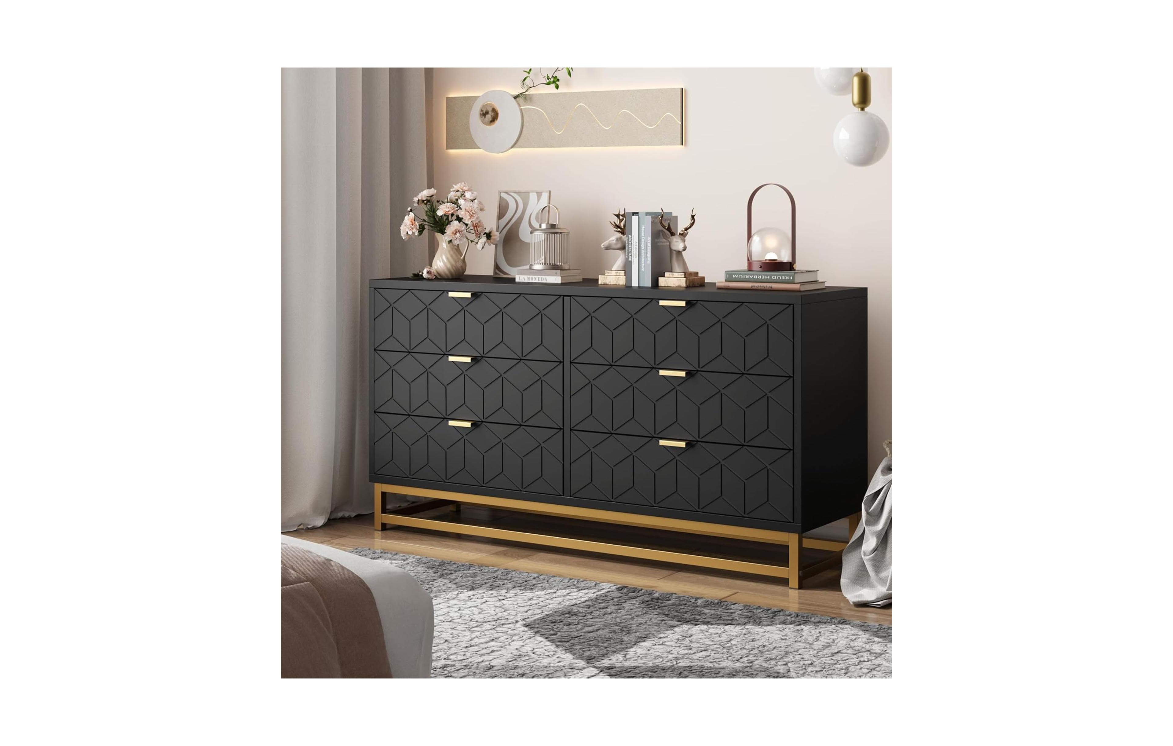 gaomon Dresser for Bedroom, 53.5" Large Organizer, 6 Drawer with Golden Metal Handle and Legs