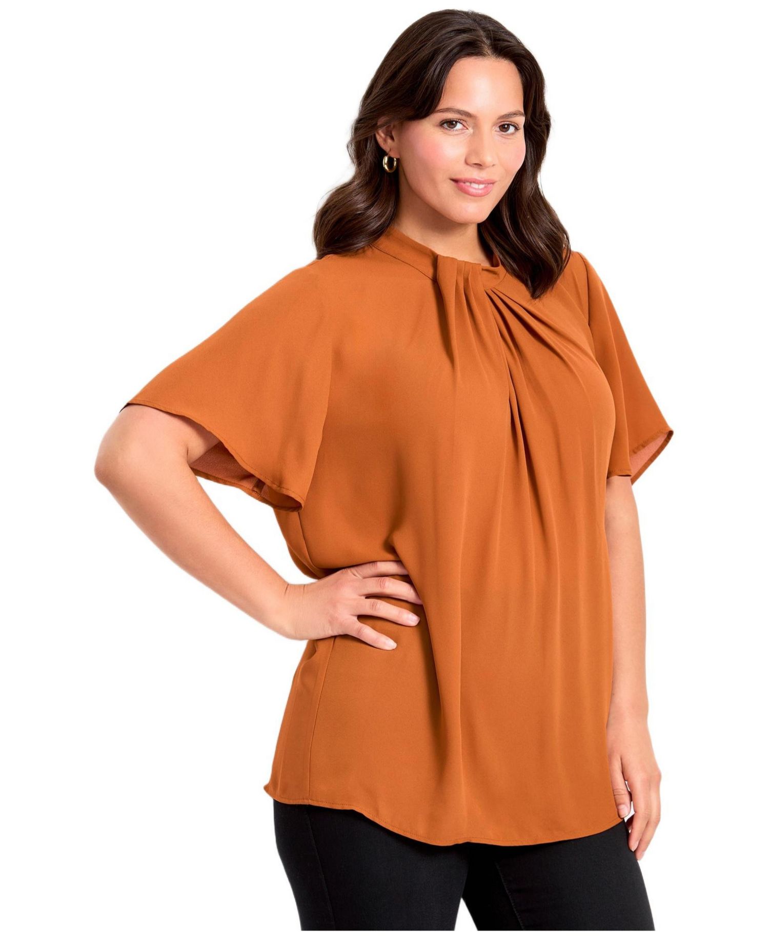 Women's Plus Size Twist Front Mockneck Flutter Sleeve Blouse
