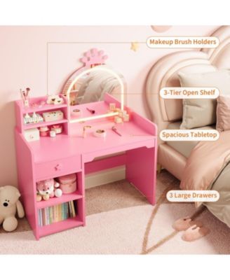 "Kids Vanity Table & Chair Set with Mirror, Lights, Drawer & Shelves – White Wooden Makeup Desk for Little Girls Bedroom"