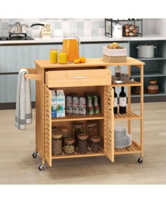 35.5" Kitchen Island Cartwith Lockable Wheels Drawer Open Shelves Towel Bar