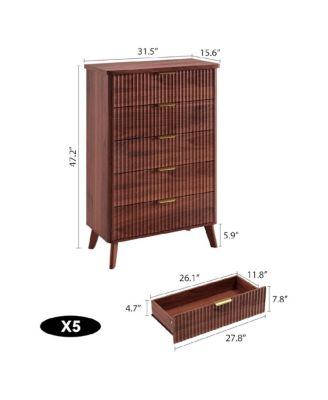 Fluted Dresser for Bedroom with 5 Deep Drawers 47in Tall Chest of Drawers with Faux Marble Top Curved Profile Design Modern Wooden Dresser