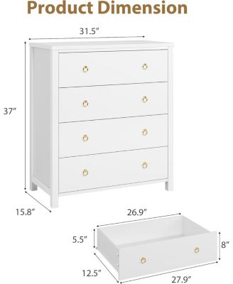 4-Drawer White Tall Dresser, 37" Chest for Closet, Clothes Storage Cabinet, Drawer Organizer for Bedroom, Home Office