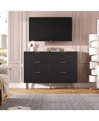 6-Drawer Modern Fluted Dresser, Wide Chest with Deep Drawers, Wooden Organizer for Living Room, Hallway, Kids Room, Black