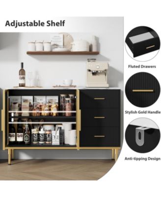 Fluted Sideboard Buffet Cabinet with Glass Doors, 3 Drawers, Marble Top, Kitchen & Dining Room, Black