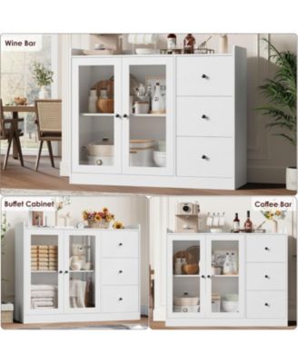 43 Inch Buffet Cabinet with Storage, Modern Sideboard with Guardrail, Adjustable Shelves, 3 Drawers, Kitchen, White