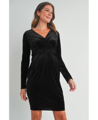 Maternity Long Sleeve Velvet V Neck Wrap Dress