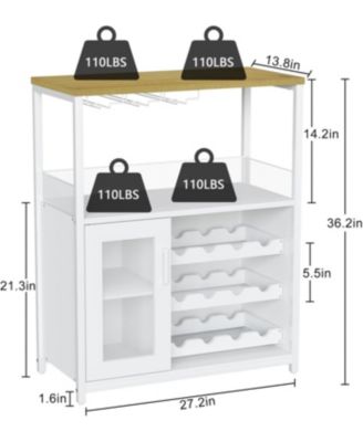Farmhouse Wine Bar Cabinet with Detachable Wine Rack, Glass Holder, Mesh Door, Adjustable Feet, Living Room, White