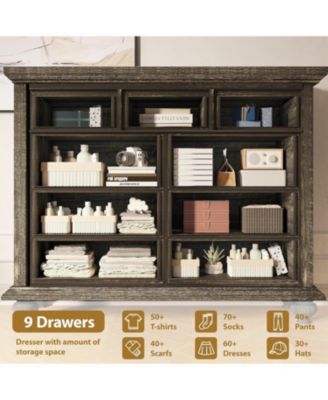 Rustic Grey 9-Drawer Bedroom Dresser, 37.8" Tall Wood Chest with Wide Drawers & Carved Metal Handles, Sturdy Organizer for Living Room Hallway