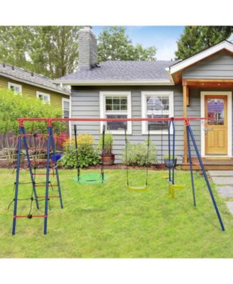 Swing Set for Backyard with 2 Height Adjustable Swings Glider Basketball Hoop