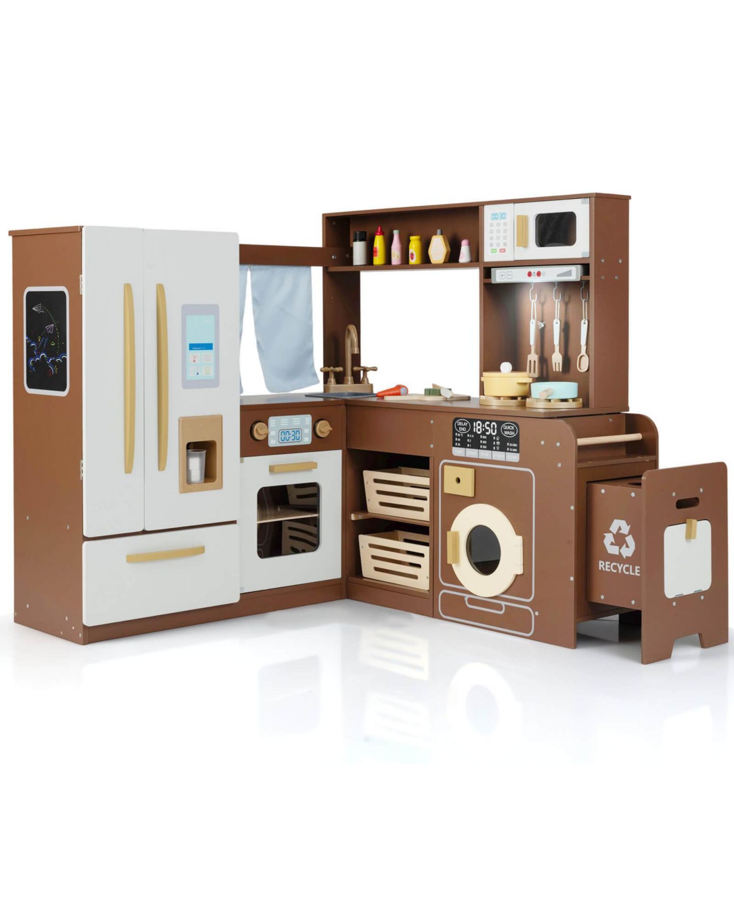 Детские игрушки Costway Corner Play Kitchen with Lights & Sounds 22-Piece Set, Ages 3+, цвет: Коричневый — фото 1