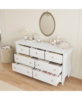 7-Drawer Modern Wood Dresser with Golden Ring Pull Handles, Wide Storage Chest Organizer for Living Room, Entryway