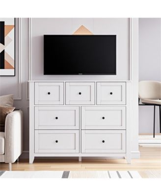 7-Drawer Modern White Dresser, Wood Storage Cabinet Organizer TV Stand for 48" TV, Bedroom, Living Room, Entryway