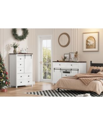 5 Drawer Farmhouse Wooden Dresser, Sliding Barn Door, Adjustable Shelf, Tall Storage Cabinet for Bedroom, Living Room
