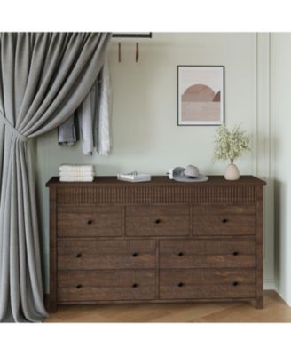 7-Drawer Farmhouse Dresser Bedroom Wooden Chest, Fluted TV Stand Storage Organizer for Living, Home Office