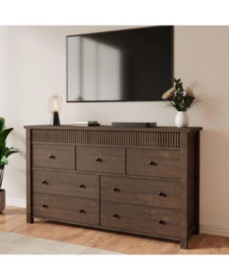 7-Drawer Farmhouse Dresser Bedroom Wooden Chest, Fluted TV Stand Storage Organizer for Living, Home Office
