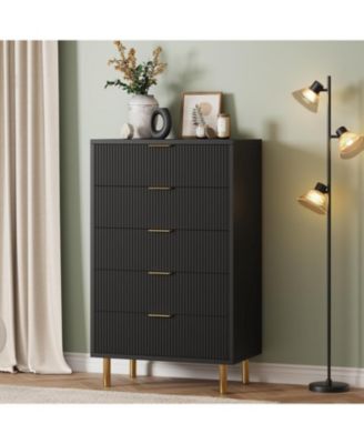5-Drawer Modern Black Dresser, Gold Handle, Large Wood Double Chest, Storage Organizer for Bedroom, Living Room, Entryway