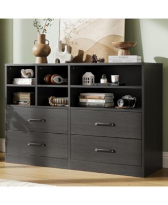 4-Drawer Black Bedroom Dresser, 6 Open Shelves, Modern TV Stand, Space-Saving Cabinet for Living Room