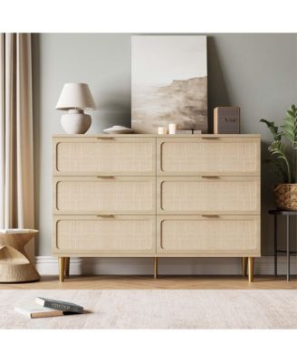 Rattan 6 Drawer Dresser for Bedroom, Large Double Dresser with Deep Drawers, Modern Chest Organizer