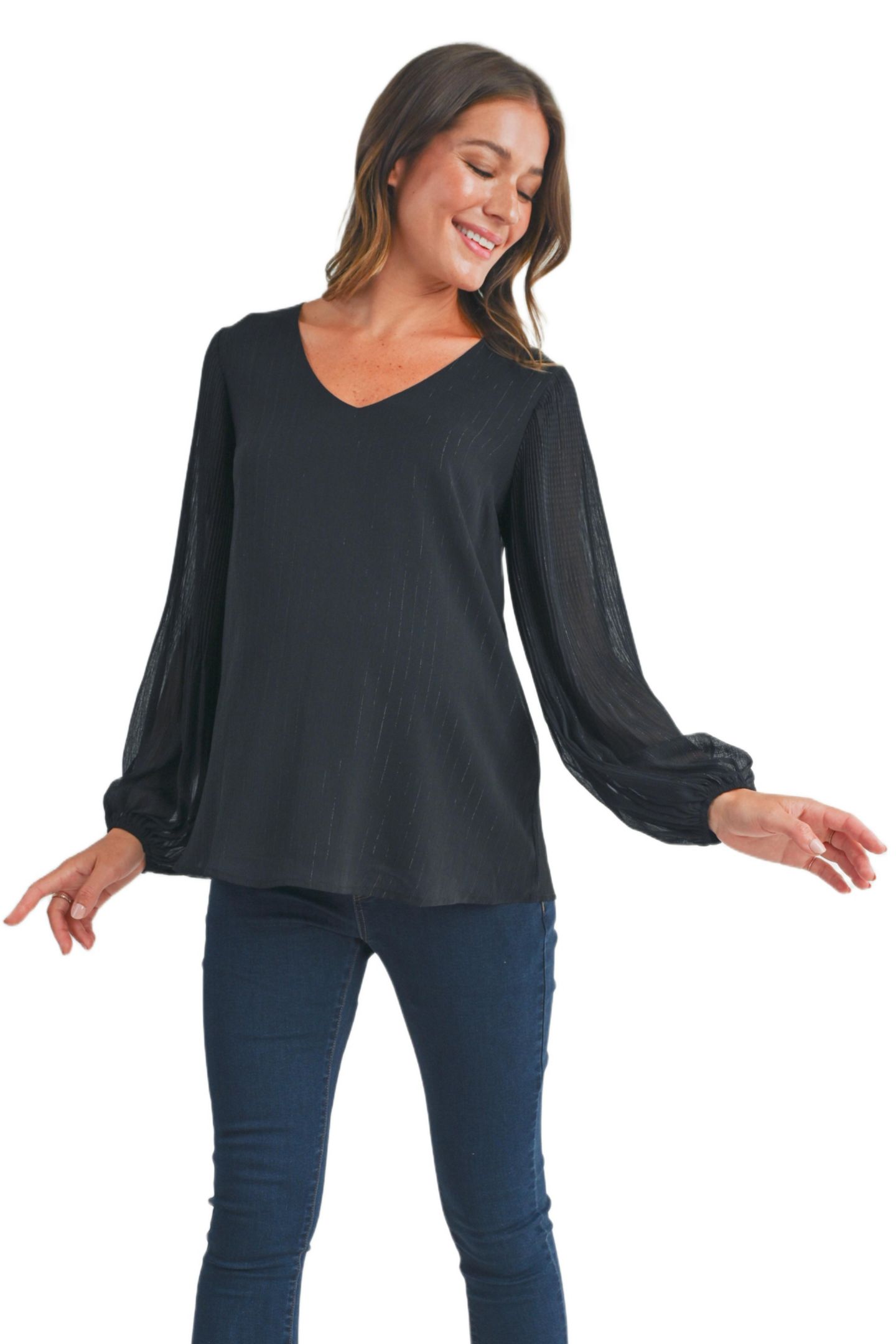 Женская блузка Hello Miz Maternity Flowy Sheer Long Sleeve V Neck Blouse, цвет: Чёрный — фото 1