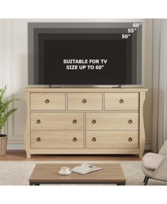 7-Drawer Modern Wood Dresser with Golden Ring Pull Handles, Wide Storage Organizer Chest for Living Room, Entryway, Oak Finish