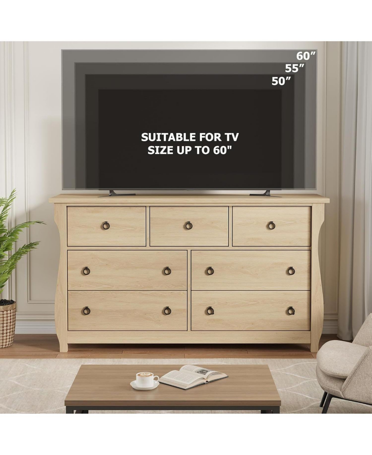 gaomon 7-Drawer Modern Wood Dresser with Golden Ring Pull Handles, Wide Storage Organizer Chest for Living Room, Entryway, Oak Finish