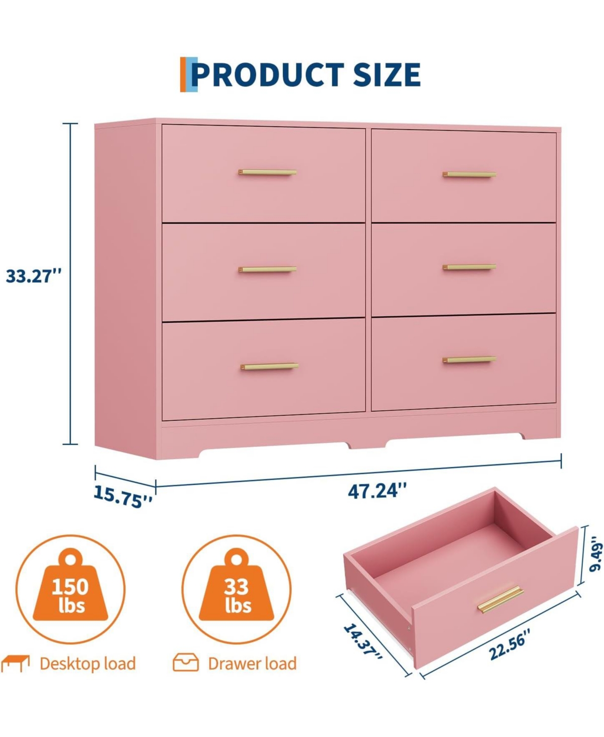 gaomon 6-Drawer Modern Wooden Dresser with Metal Handle, Bedroom Tv Stand, Large Storage Organizer, Living Room, Hallway