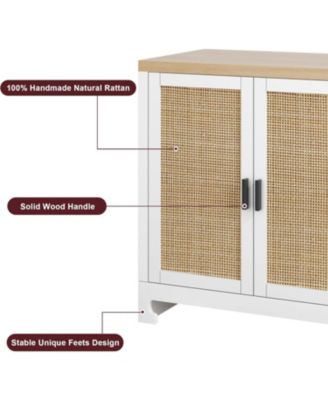 Modern Rattan Accent Storage Cabinet with 4 Doors & Shelf, Console Coffee Bar, Dining Room, Kitchen, Living Room, White