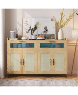 Farmhouse Storage Cabinet with Charging Station, LED Light, Rattan Buffet, Heavy Duty, Kitchen, Living Room