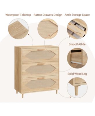 3-Drawer Rattan Dresser with Waterproof Wood Top, Anti-Tip Safety, Storage Organizer for Bedroom, Living Room