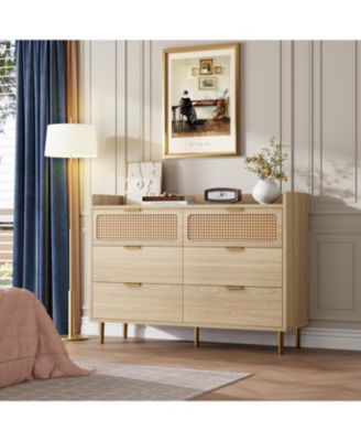 6-Drawer Double Dresser, 47" Wide, Modern Wood Chest, Rattan Storage for Bedroom