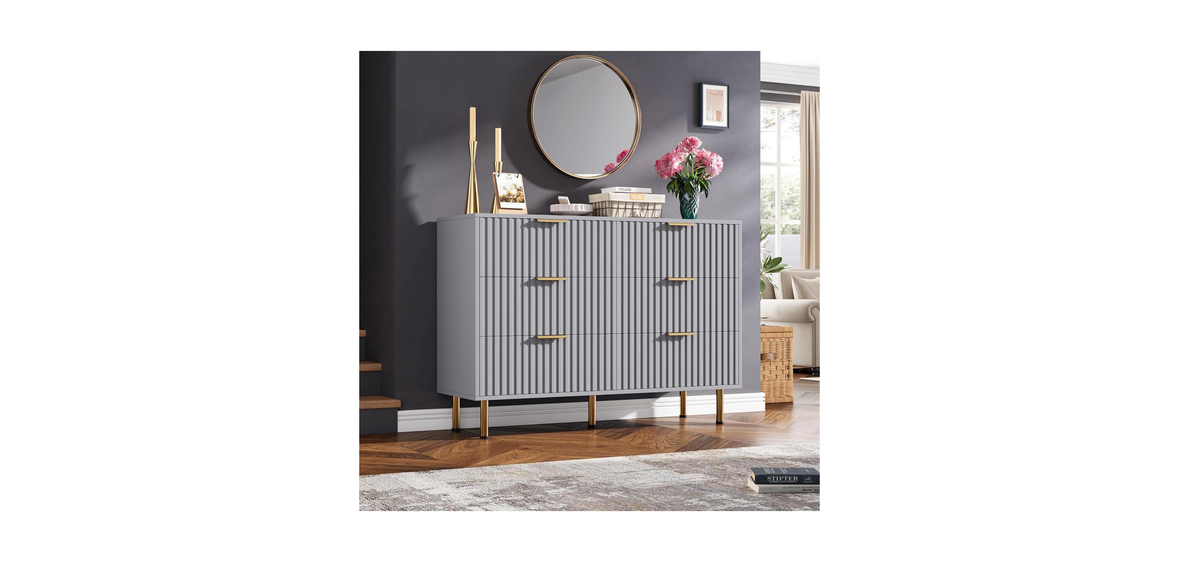gaomon 6-Drawer Modern Fluted Dresser, 47.2 Inch Wide Chest, Deep Drawers, Tv Stand, Wooden Organizer for Bedroom, Living Room, Kids Room